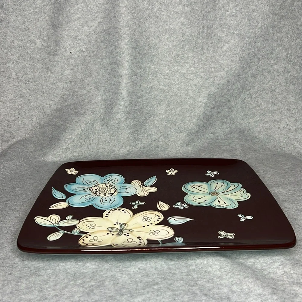 Pier 1 Imports Cassidy Platter Hand Painted Earthenware Brown White Blue Floral